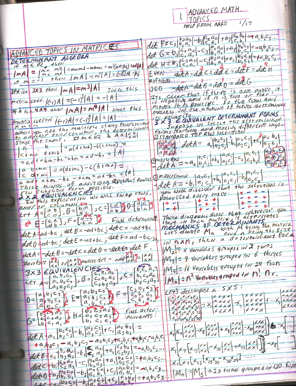 Handwritten determinant-algebra notes with matrices, red arrows, sign patterns and blue section headings across two columns